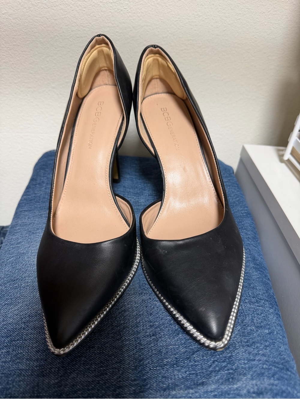 BCBGeneration Black Pointed Toe Pumps with Silver Braided Trim